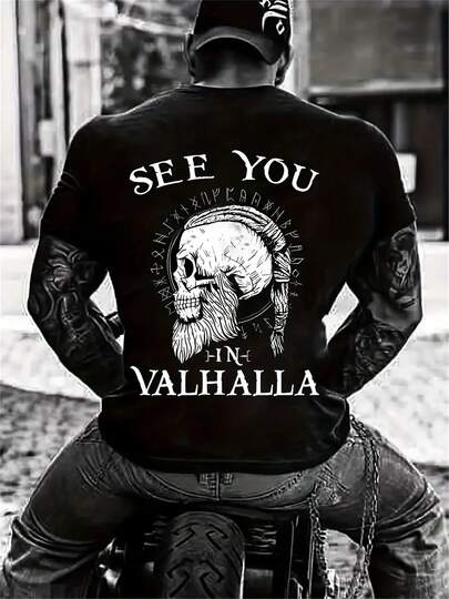 Men'S Breathable Short Sleeve T-Shirt - All-Over Viking Skull And Valhalla Design Heat Transfer Print, Athletic Street Style Suitable For Running And