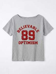 Y2K Vintage Red Letter Print Off Shoulder Loose Grey Asymmetrical Hem T-Shirt Retro Campus Streetwear Top Casual Summer - Dark Gray - View 4