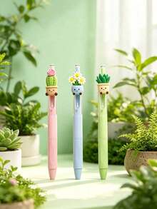 5pcs Creative Plant Shaped Neutral Pens, Random Cute Potted Plant Design Neutral Pens, 0.5mm Quick-Dry Black Ink Ballpoint Pens, First Day Of School - Multicolor - View 6
