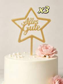 3pcs Gold Mirror Acrylic Alles Gute Cake Topper With Hollow Five-Pointed Star Frame, Elegant German Cursive Script Letter With Stick For Cake Top Decoration, German Birthday & Holiday Party, European Celebration Cake Decor Supplies - B - View 8