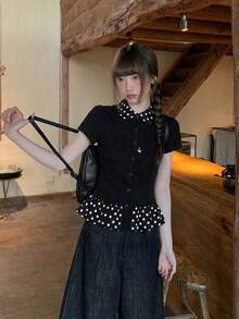 Summer New Black & Polka Dot Puff Collar Short Sleeve T-Shirt, Fitted Flattering Design, Versatile Top Casual - Black - View 1