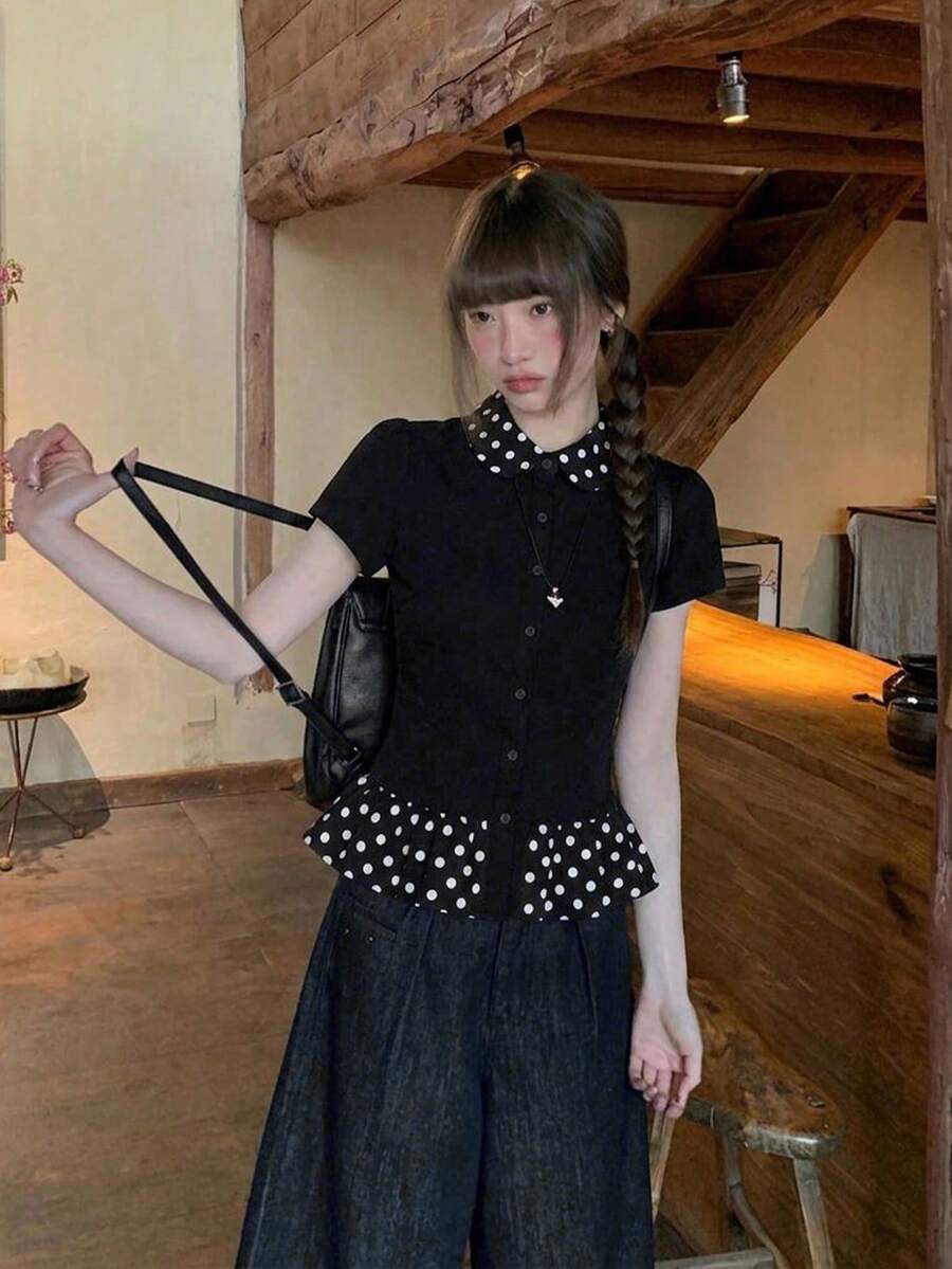 Summer New Black & Polka Dot Puff Collar Short Sleeve T-Shirt, Fitted Flattering Design, Versatile Top Casual - Black - View 1