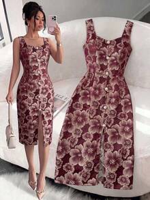 e metal con perlas y diseño de abertura, vestido de estilo francés lujoso adecuado para mujeres de 20 a 35+ años para citas, fiestas, cenas formales y uso en la oficina (estampado aleatorio) - Rosa pálido - Ver 11