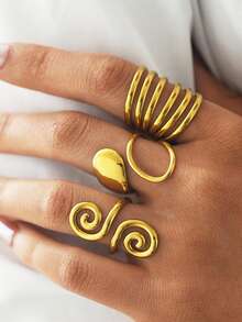 Fashion Metal Hollow Geometric Open Rings For Women Stainless Steel Gold Color Lines Spiral Adjustable Finger Ring Jewelry 2026 - Gold - View 2