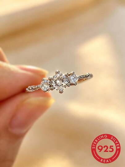 1 Stück S925 Sterling Silber Ring mit synthetischem Zirkonia für Damen, eleganter Alltagsschmuck in hochwertiger Qualität