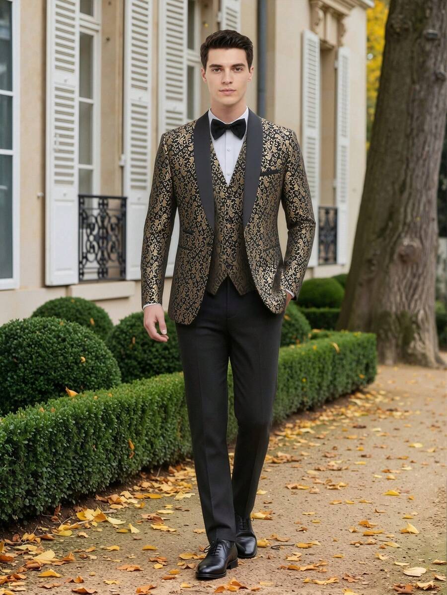 (西裝外套+長褲+背心) 男士婚禮三件套正裝新郎套裝 印花修身版型 男士奢華商務套裝 - 黑色 - 查看 1