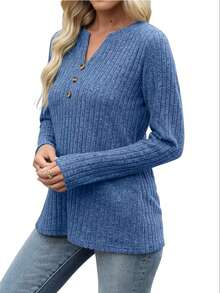 1pc Women's Ribbed Fashion Long Sleeve V-Neck Casual Loose Fit Sweatshirt - Light Blue - View 4