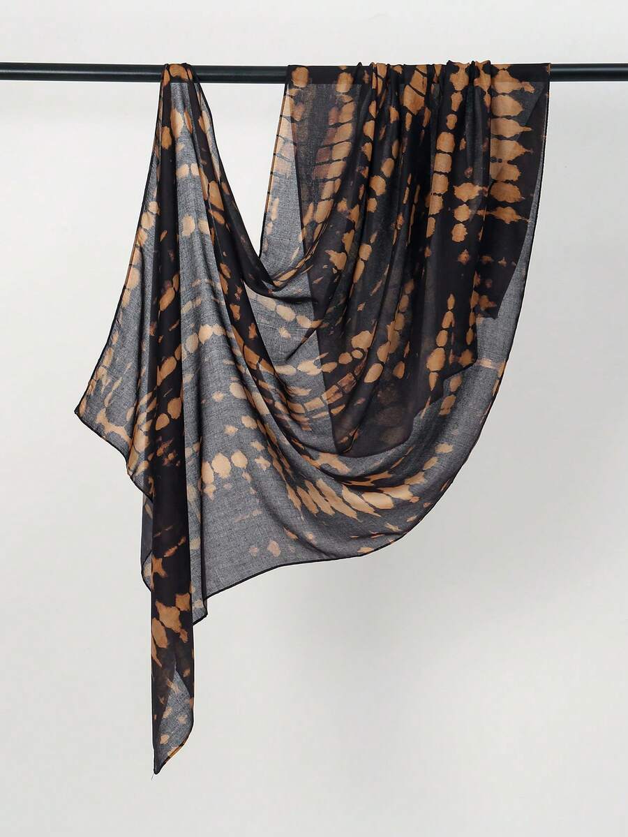 1 pièce - Écharpe hijab courte à teinture tie-dye - Foulard léger vintage pour femmes, parfait pour les vacances, la plage & la photographie de voyage - brunâtre noir - Voir 1