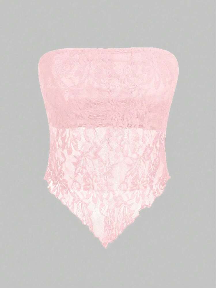 Top bandeau ajustado con dobladillo asimétrico de encaje burdeos, apropiado para el verano - Rosa Pálido - Añade 1