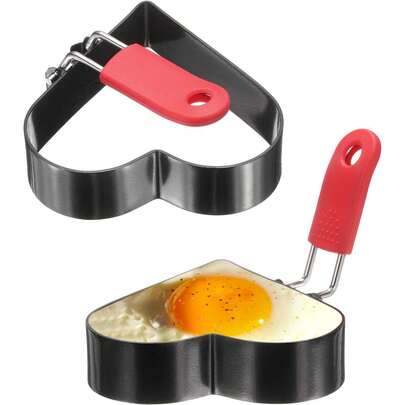 2 Paquetes de Anillos para Huevos con Forma de Corazón, Anillos para Panqueques de Acero Inoxidable Antiadherente – Con Mango de Silicona para Huevos, Tortillas, Panqueques, Sándwiches