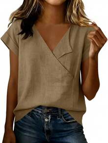 JOAU - Camisetas de algodón y lino para mujer, estilo casual, manga corta, cuello en V, holgadas, ligeras, de gasa - Gris - Ver 11