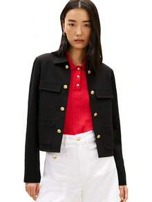 Chaqueta  de Frente Abierto con Botones, Manga Larga, Estilo Casual de Negocios, Blazer Casual para Mujer - Rojo primario - Ver 1