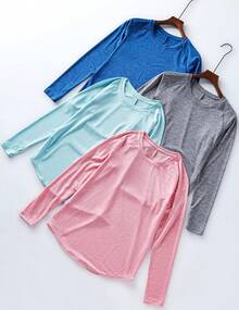 Paquete de 4 camisetas de manga larga para mujer con agujeros para el pulgar, camisetas de entrenamiento atléticas de ajuste seco con cuello redondo - a/Verde Menta/Melocotón Suave/Amarillo Mantequilla - Ver 7