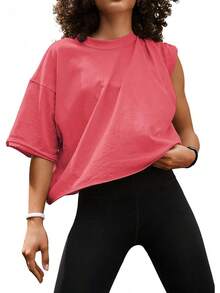 Camisetas Cortas de Manga Corta para Mujer, Estilo Casual, Básicas, de Algodón, para Yoga, Running y Deportes - Azul Marino - Ver 7
