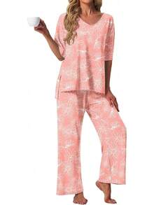PrinStory - Conjunto de pijama de manga corta para mujer, conjunto de pijama de 2 piezas para mujer, cómodo ropa de descanso con bolsillos - Azul marino - Ver 19