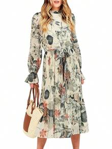 ANRABESS - Vestido midi floral para mujer, manga larga, con volantes, de gasa, acampanado, plisado, con cinturón, vestido de fiesta para té - Rosa rosado - Ver 17