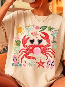 Ropa de Verano, Camiseta Divertida con Gráfico de Cangrejo Soplando Burbujas, Camiseta Náutica con Estilo de Playa, Regalo para Vacaciones de Verano - Albaricoque - Ver 1