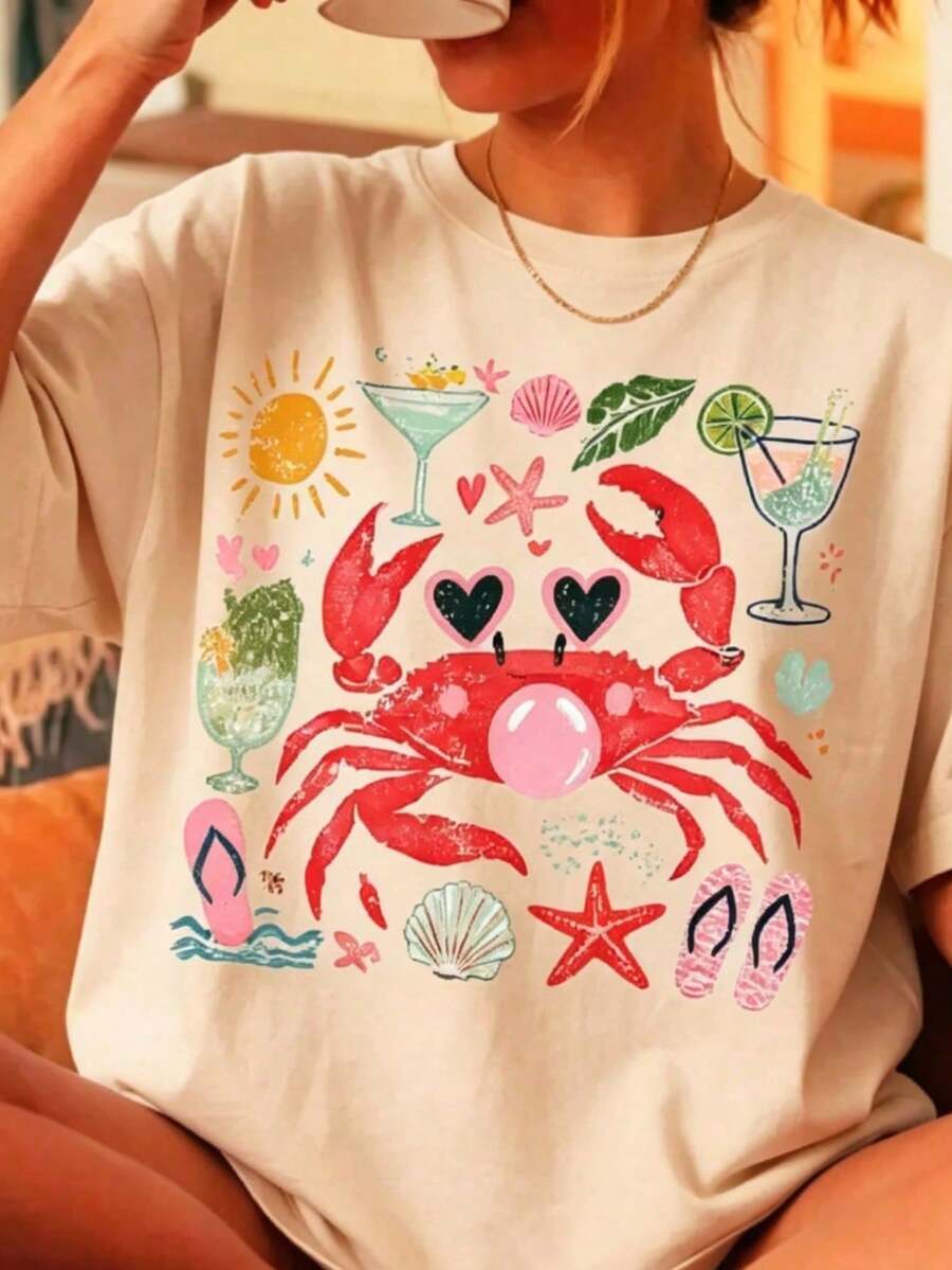 Ropa de Verano, Camiseta Divertida con Gráfico de Cangrejo Soplando Burbujas, Camiseta Náutica con Estilo de Playa, Regalo para Vacaciones de Verano - Albaricoque - Ver 1