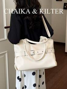 CHAIKA & KILTER 1pc Solid Color PU Fabric Tote Bag, Women's Vintage Fashion Shoulder Tote Bag, Double Handle Design, Zipper Closure, Strap Decoration, Suitable For Daily And Street Use - White - View 10