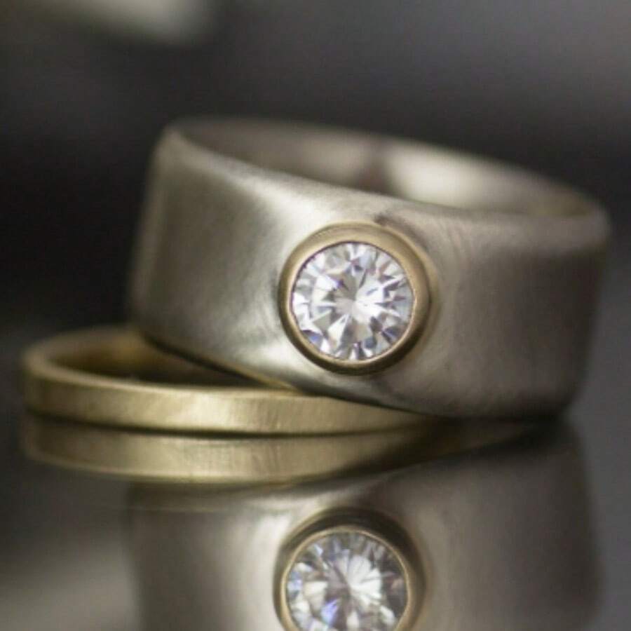 Gmzalx 圓形合成立方鋯石婚戒，簡約雙色女款珠寶禮物 - 雙色 - 查看 1