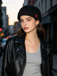 Embroidered Heart Brimless Newsboy Cap, Korean Style INS Influencer Streetwear Hip Hop Melon Cap - Watermelon Hat - View 8
