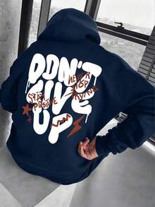 男士秋冬休閒時尚「Don't Give Up」標語印花袋鼠口袋抽繩連帽抓絨衛衣 - 藏蓝色 - 查看 1
