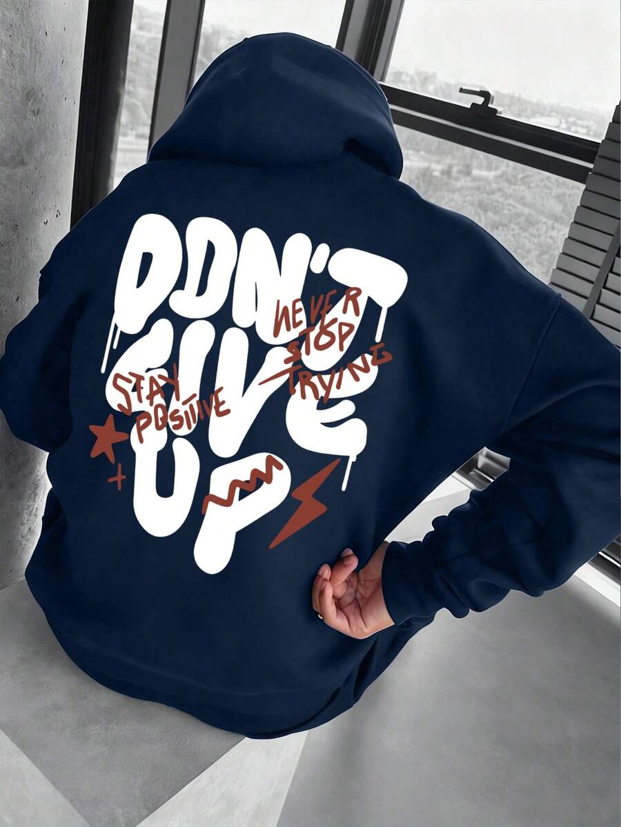 男士秋冬休閒時尚「Don't Give Up」標語印花袋鼠口袋抽繩連帽抓絨衛衣 - 藏蓝色 - 查看 1