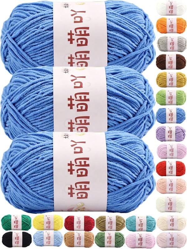 3 piezas/120g Hilo de chenilla mate - Hilo de ganchillo y tejido de poliéster suave, colores suaves surtidos, adecuado para manualidades, mantas (empaquetado aleatorio)