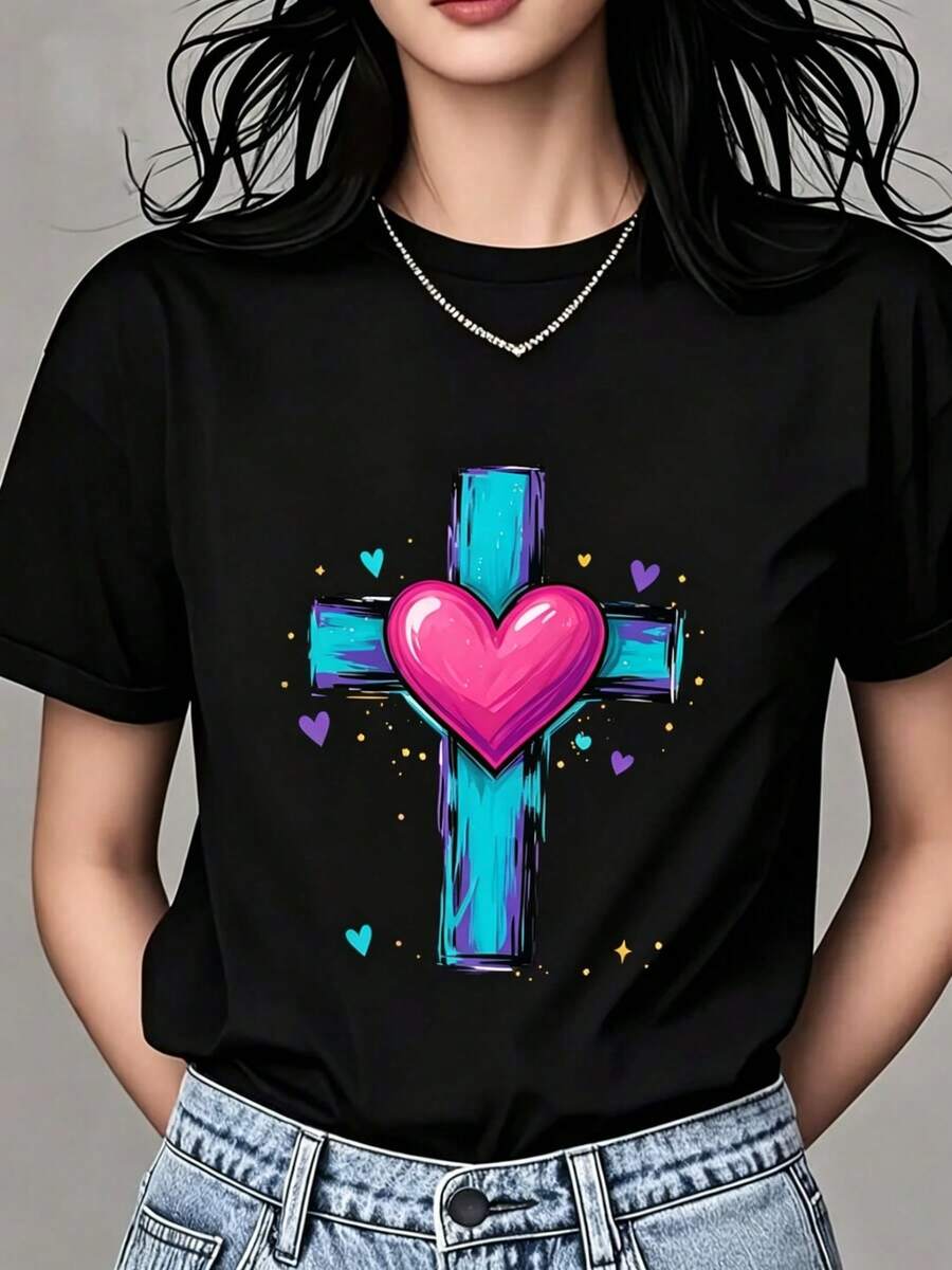 Women's Crew Neck T-Shirt With Crossed Heart Print: "Look Back And Thank God, Look Ahead And Trust In God." Short Sleeve, Christian Faith. - 黑色 - 查看 1