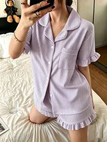 Dreamivo Fresh Striped Short Women's Pajama Set - Short Sleeve Button Collar Top And Pants, Soft Satin Pajamas, Machine Washable, Wearable Outdoors - Mauve Purple - View 4