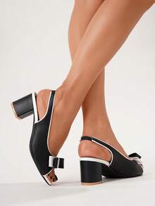 Women's Peep Toe Bowknot Backstrap Block Heel Sandals, Chunky Heels, Versatile For Elegant Dresses, Suitable For Vacation, Commuting, Shopping - Black and White - View 8