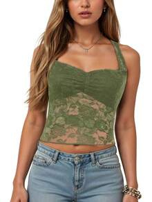 Camisolas Sexys De Encaje Para Mujer Para Salir, De Verano, Con Nudo Fruncido, Con Estampado Floral, Transparentes - Blanco - Ver 6