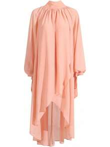 Camisa Fluida Larga Fruncida Casual para Mujer Puños con Cordones Cuello Mao Dobladillo Irregular Blusa - Rosa - Ver 4