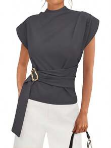 - Blusas de primavera para mujer, con cuello falso, para trabajo, con hebilla, para verano, negocios, casual, 2026 - Negro - Ver 12
