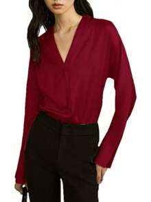 Blusa de seda con cuello en V para mujer, de manga larga, formal, brillante - Azul - Ver 12