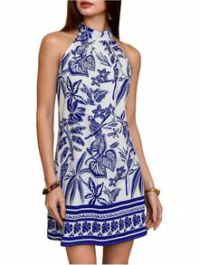 - Vestido corto sin mangas con estampado floral para mujer, cuello halter, línea A - rosado, (Geometría rosa) - Ver 11