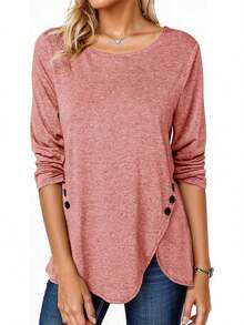 Fisoew - Blusa casual de manga larga para mujer, cuello redondo, botones laterales - Rosa - Ver 6