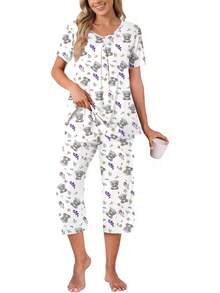 Anyally - Conjunto de pijama de verano para mujer, camisa de manga corta y pantalones capri de 2 piezas, pijama plisado con bolsillos - Malva plisada - Ver 12