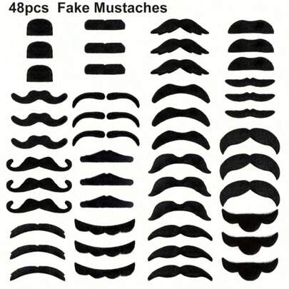 48pcs Polyester Fake Mustache, Suitable For Holidays, Theme Parties, Halloween, Christmas Parties And Other Occasions, Self-Adhesive Black Creative Mustache, Fun Cosplay Accessory, Suitable For All Skin Tones