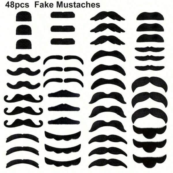 48 st falska mustascher i polyester, självhäftande svarta kreativa mustascher, rolig cosplaytillbehör, lämpliga för högtider, temafester, Halloween, julfester och andra tillfällen, passar alla hudtoner