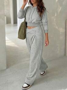 Neues Ins Hot-Selling Sportliches Damen-Outfit in Große Größen, kurzes Kapuzen-Sweatshirt mit Kordelzug und langen Ärmeln, Streetstyle, Geburtstag Winter elegant - Blumengrau - Übersicht 4