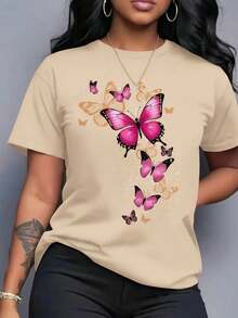 Playera camiseta gráfica dama mujer manga corta cuello redondo básica cómoda fresca ligera moderna juvenil estampado mariposas volando degradado - Beis - Ver 1