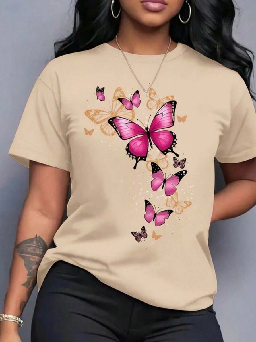Playera camiseta gráfica dama mujer manga corta cuello redondo básica cómoda fresca ligera moderna juvenil estampado mariposas volando degradado - Beis - Ver 1