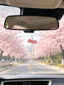 Bowknot Cherry Blossom Car Rearview Mirror Pendant, Crystal Pearl Beaded Car Hanging Decoration, Girly Car Interior Decor, Pink Bow Pearl Pendant Car Rearview Mirror Hanging Ornament, Crystal Bead Chain Style, Universal Car Interior Decoration Accessory - Cherry Blossoms - View 10