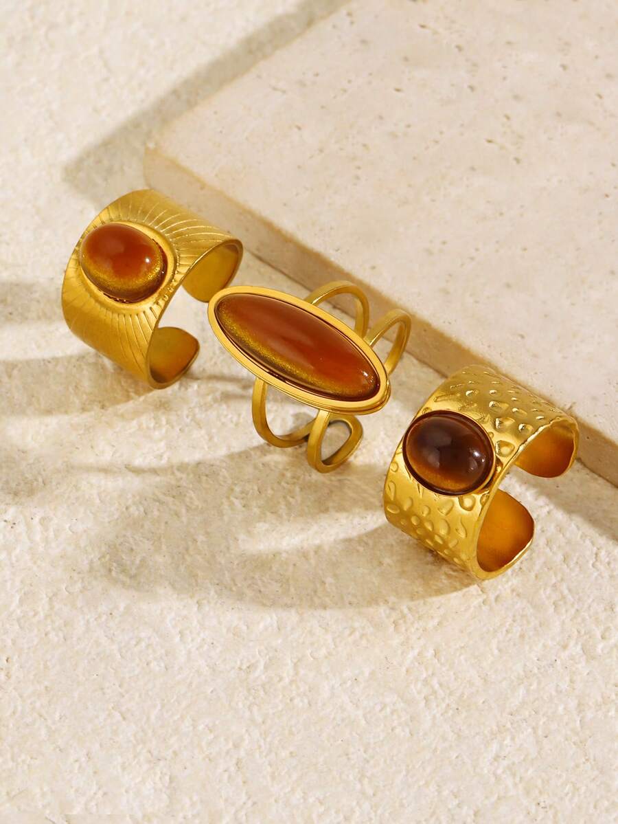 3pcs Stainless Steel 18K Gold Plated Summer Versatile Elegant Luxury Vintage Geometric Gold Oval Ring Set Suitable For Women Daily Wear, Holiday, Beach, Vacation, Party, Travel, Luxury Jewelry Gift - Multicolor - View 1