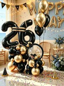 70 Black Foil Balloons With Number And Star Patterns, Includes Tape And Straws; Minimalist And Slightly Luxurious Decor, Perfect For Birthday Parties, Adult Celebrations And Photo Backdrops - View 8