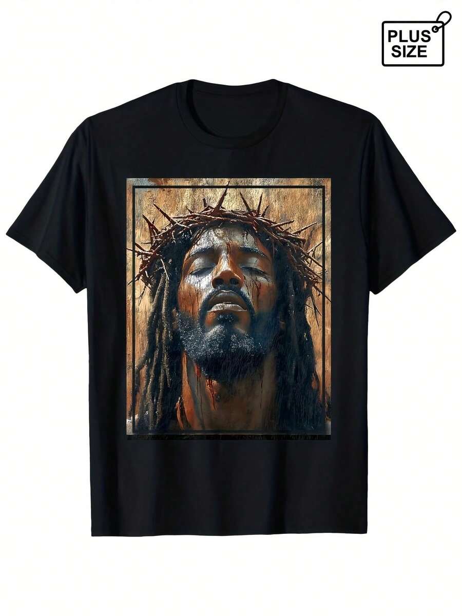 Camiseta con Diseño de Retrato Religioso Vintage Manga Corta Casual Streetwear Estilo Rock Urbano Y2K Verano Alternativo - Negro - Ver 1