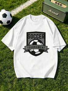 Camiseta gráfica para hombre con estampado de torneo de fútbol, algodón premium, corte holgado, transpirable, estilo casual, estampado artístico, nuevo lanzamiento. - Blanco - Ver 1