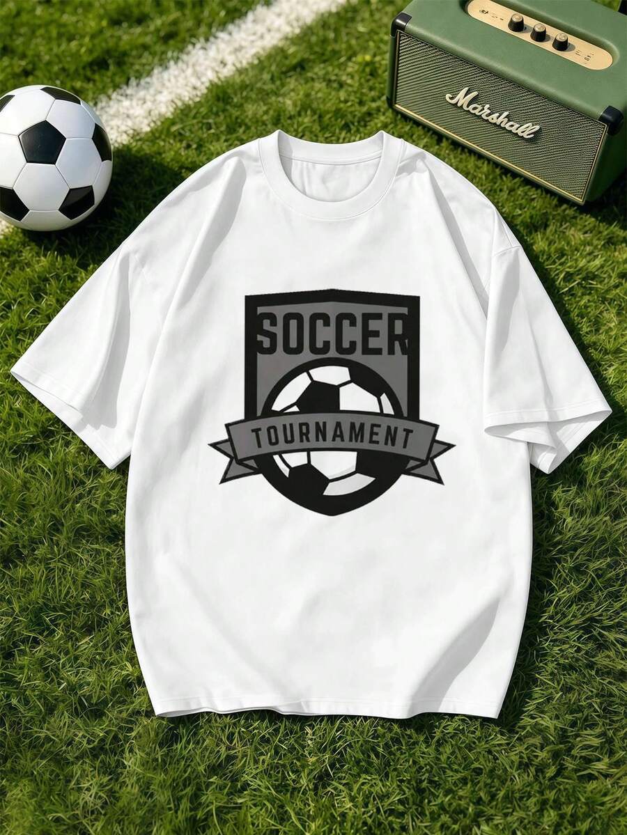 Camiseta gráfica para hombre con estampado de torneo de fútbol, algodón premium, corte holgado, transpirable, estilo casual, estampado artístico, nuevo lanzamiento. - Blanco - Ver 1