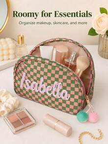(Embroidered Custom) 1PC New Striped Shell Toiletry Bag, Fresh Macaron Color Palette, With Zipper And Personalized Custom Makeup Bag, Portable Toiletry Storage Bag For Travel, Random Color Pom Pom Design, Cute Gift For Family, Friends, Birthday, Holiday Essential - Multicolor - View 4